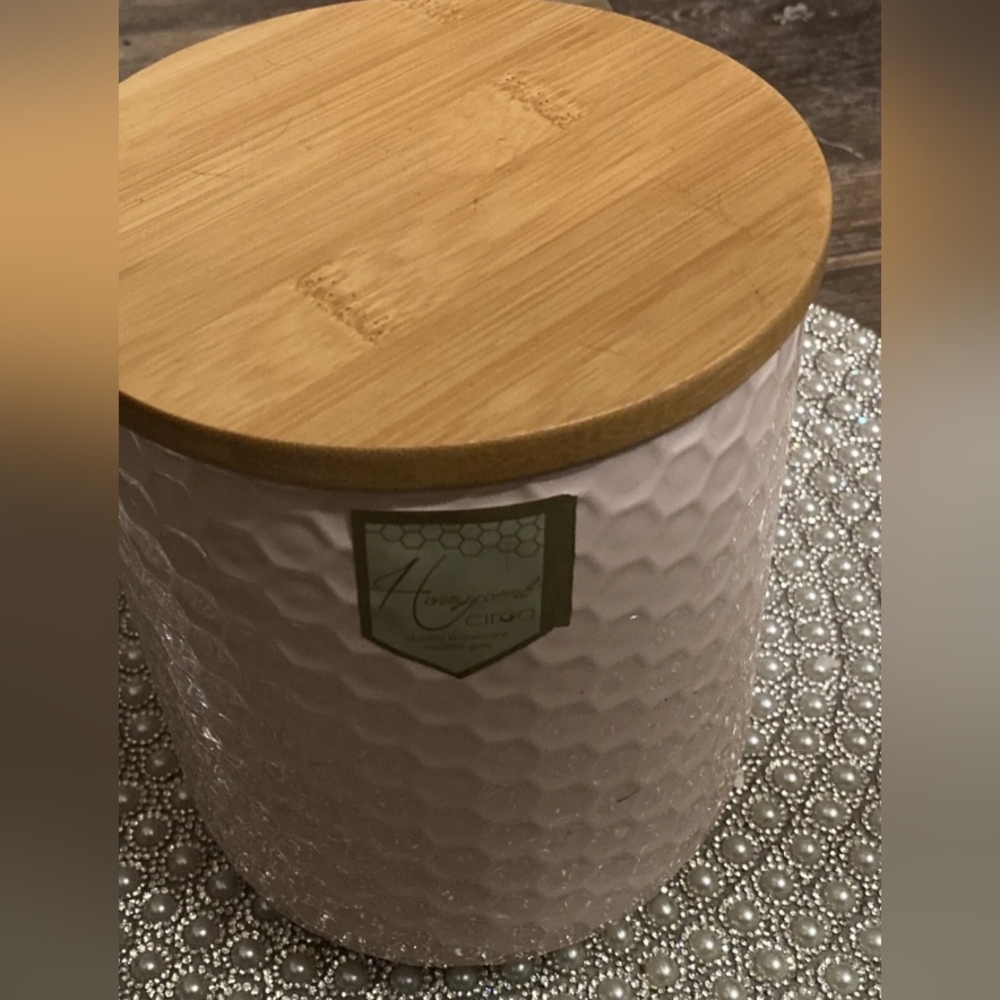 CIROA honeycomb CANISTER bamboo lid BLUSH PINK farmhouse 6"TALL New